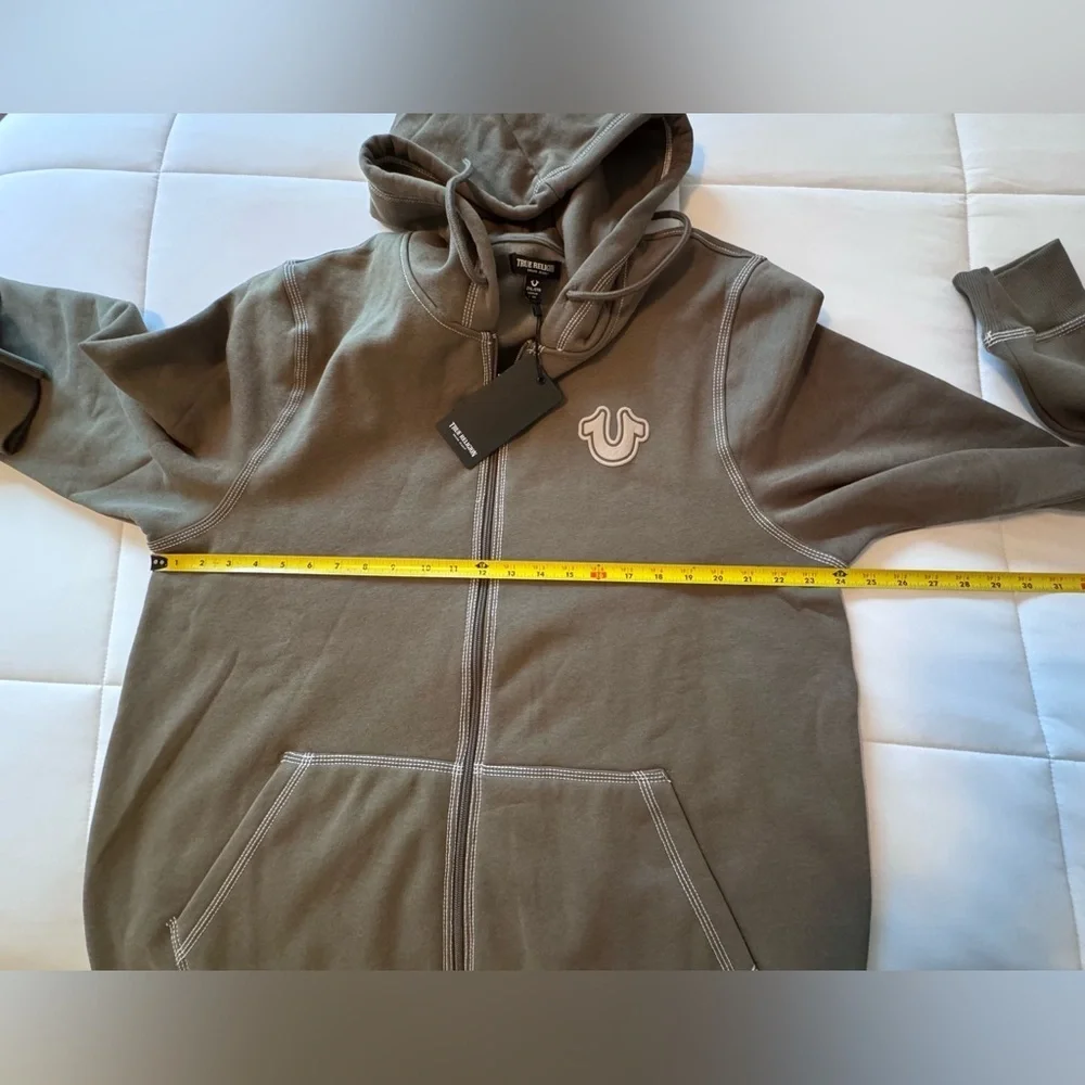 True Religion Mens Olive Zip Up Long Sleeve Pockets Fleece Hoodie Size 2XL